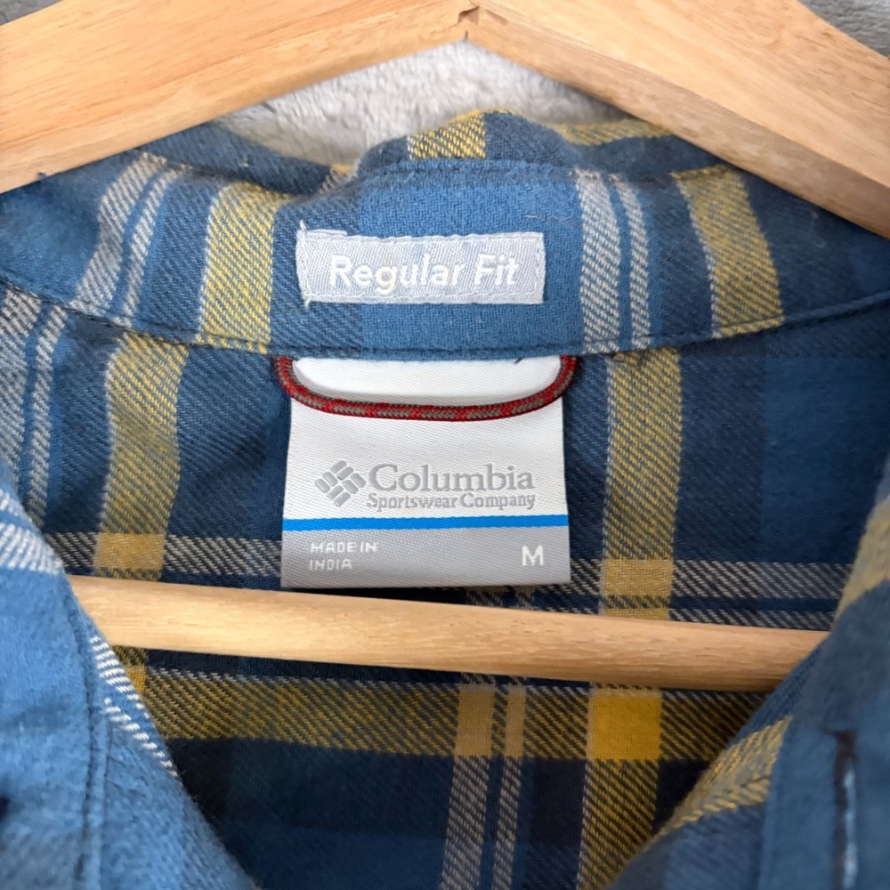 Columbia Regular Fit Flannel Shirt Mens Medium Blue Yellow Plaid Long Sleeve - Picture 3 of 7